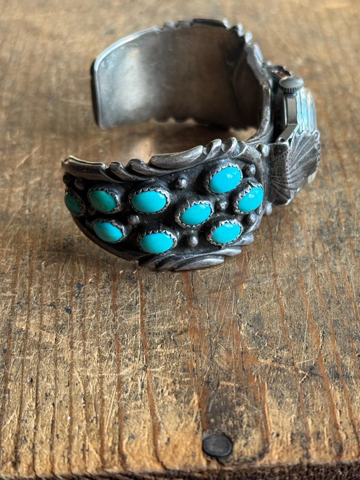 Vintage Sterling Silver Stamped Turquoise Watch Cuff Bracelet