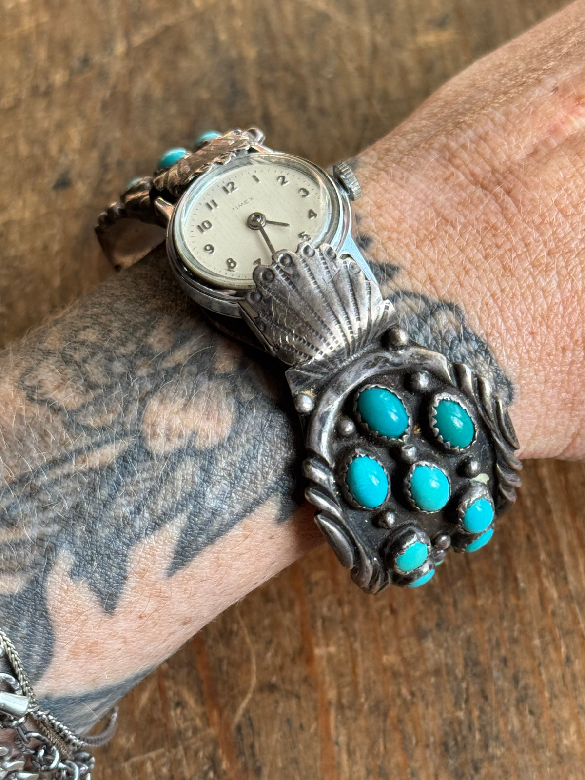 Vintage Sterling Silver Stamped Turquoise Watch Cuff Bracelet