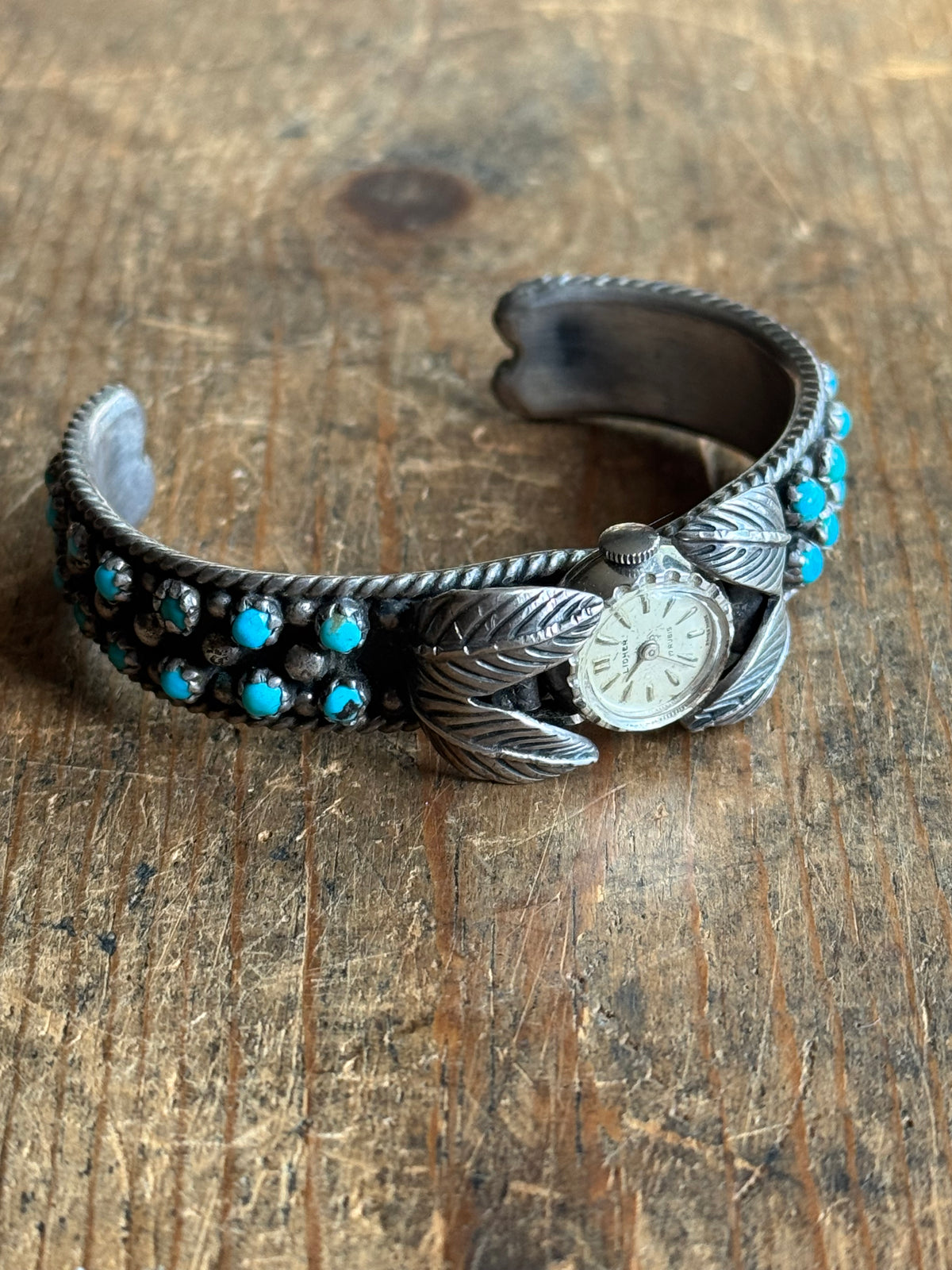 Vintage Sterling Silver Petit Point Turquoise Leaf Watch Cuff Bracelet