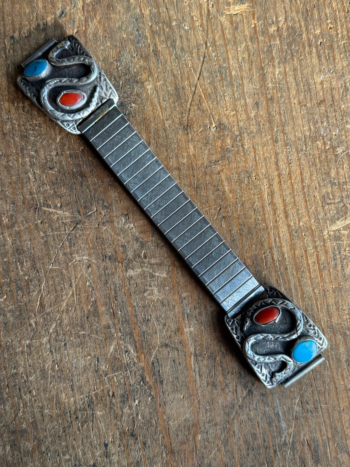 Vintage Sterling Silver Turquoise & Coral Snake Watch Band