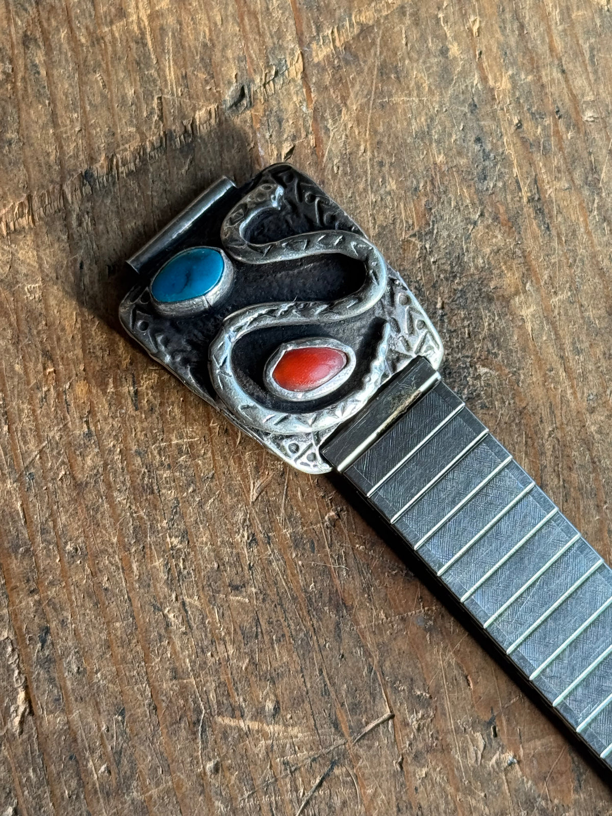 Vintage Sterling Silver Turquoise & Coral Snake Watch Band
