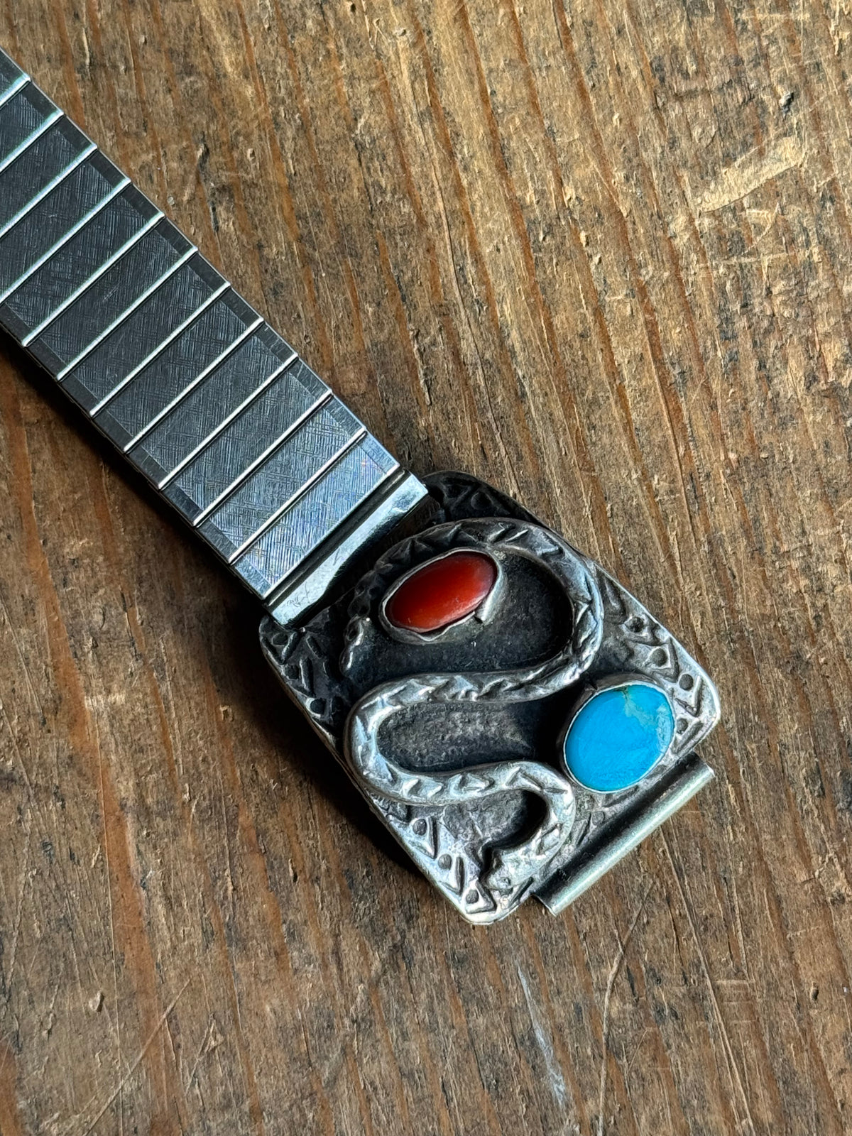 Vintage Sterling Silver Turquoise & Coral Snake Watch Band