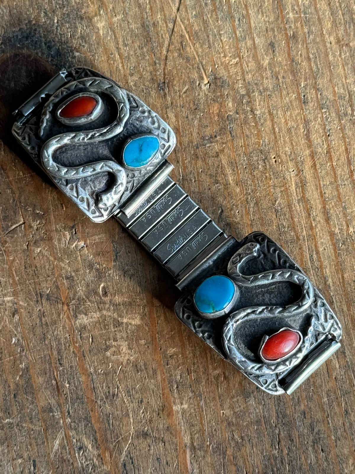 Vintage Sterling Silver Turquoise & Coral Snake Watch Band