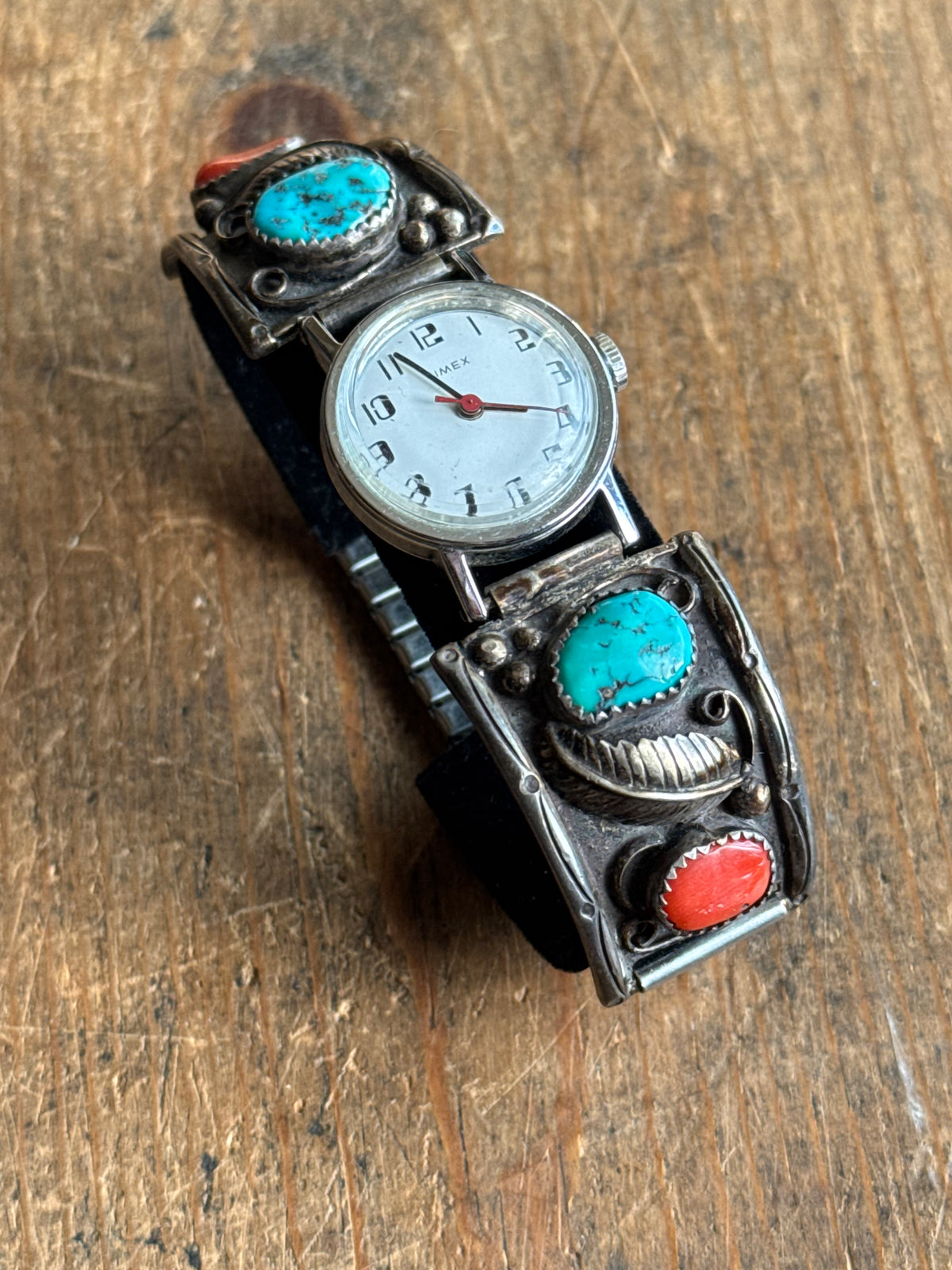 Vintage Sterling Silver Turquoise & Coral Leaf Watch Cuff Bracelet