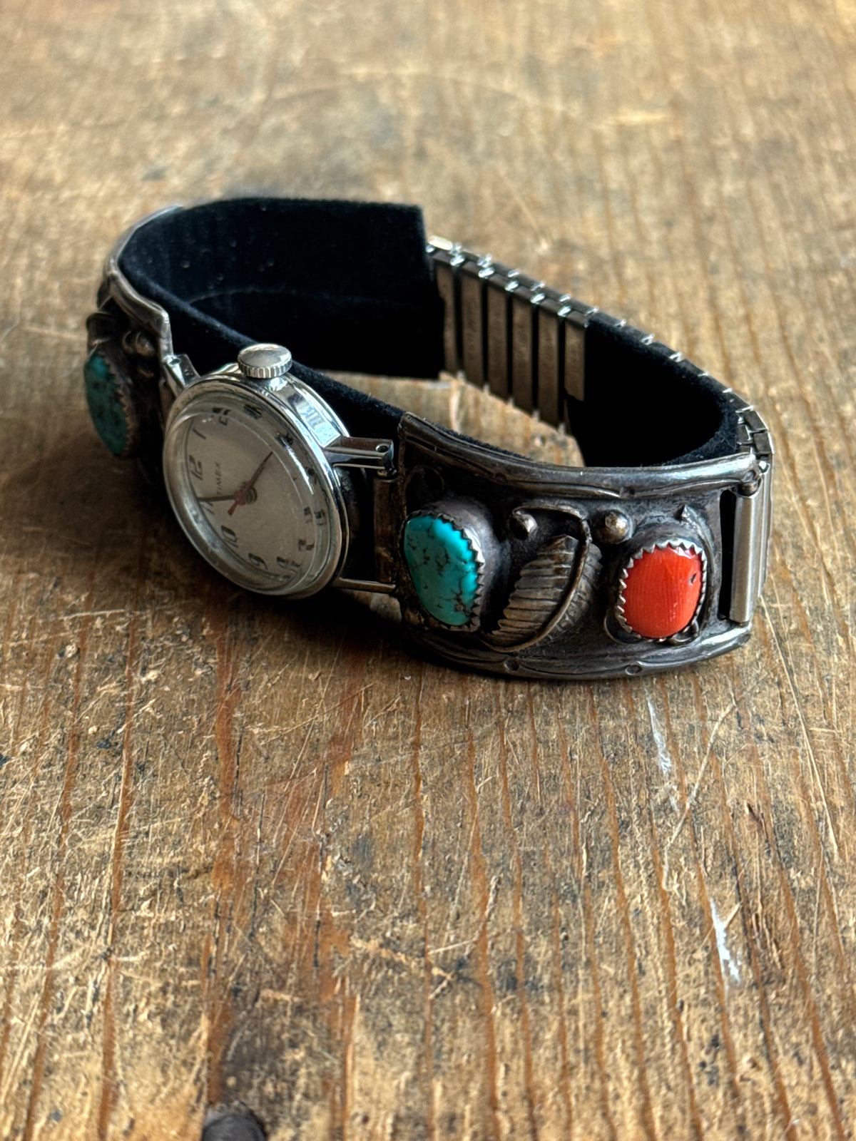 Vintage Sterling Silver Turquoise & Coral Leaf Watch Cuff Bracelet