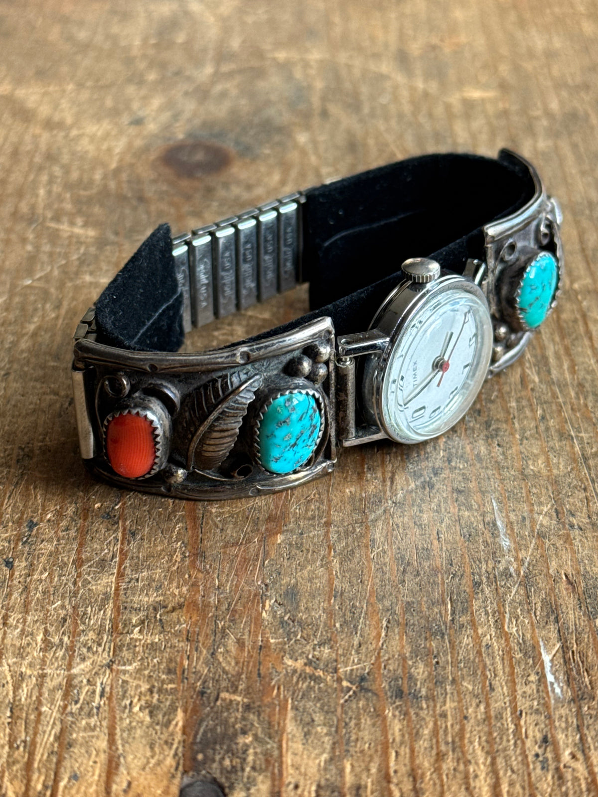 Vintage Sterling Silver Turquoise & Coral Leaf Watch Cuff Bracelet