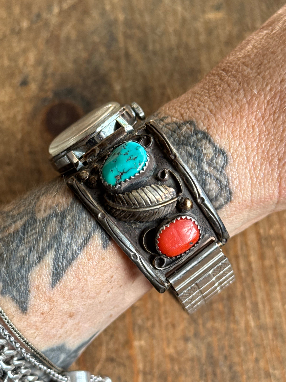Vintage Sterling Silver Turquoise & Coral Leaf Watch Cuff Bracelet