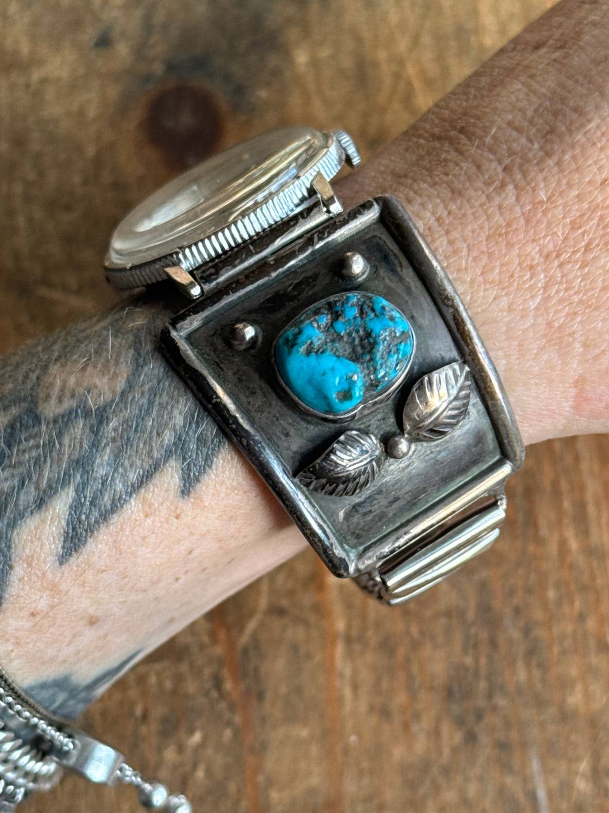 Vintage Sterling Silver Kennedy Half Dollar Turquoise Leaf Watch Cuff Bracelet