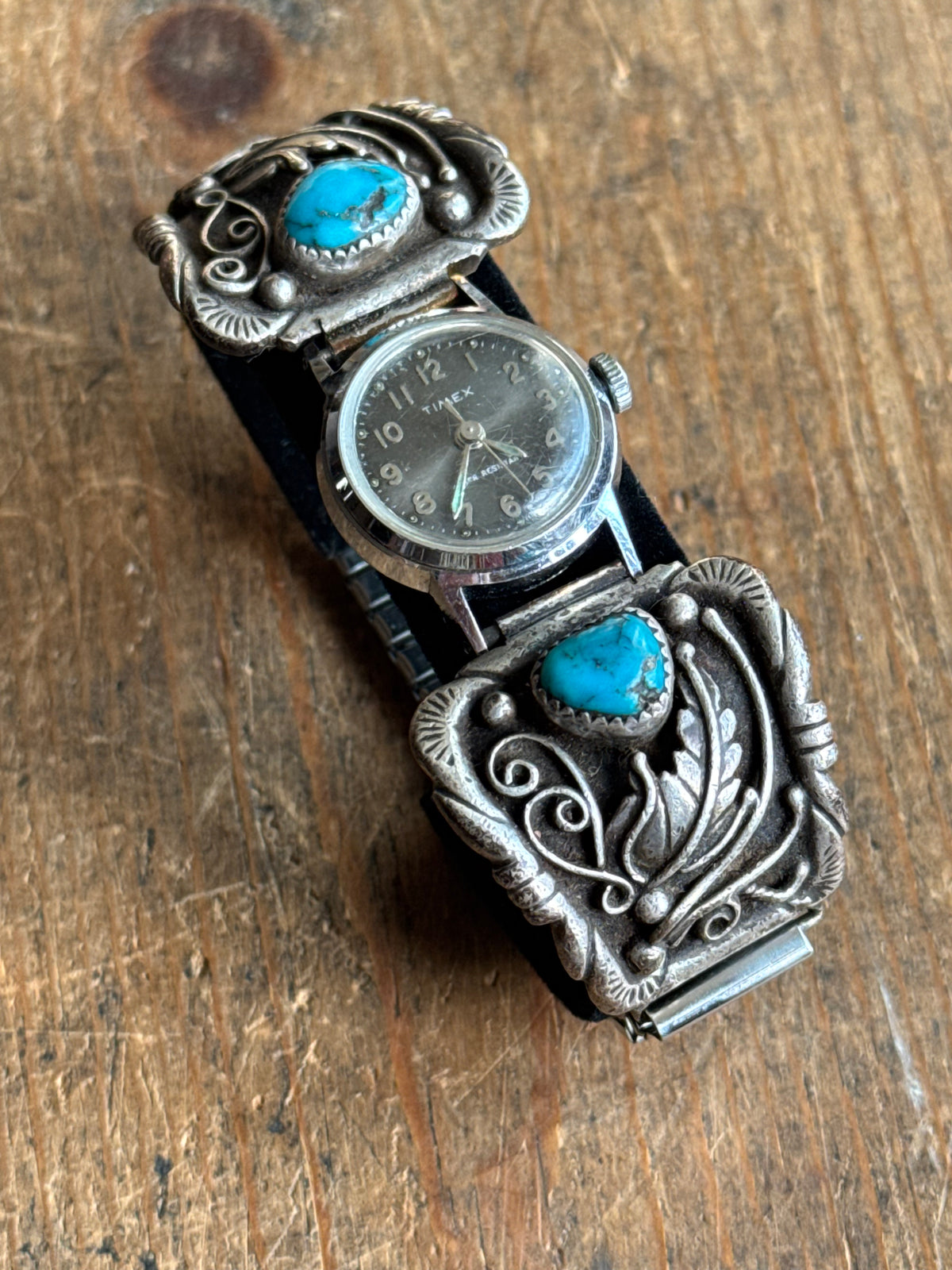 Vintage Sterling Silver Turquoise Leaf Watch Cuff Bracelet