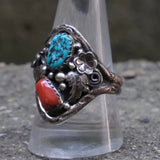 Vintage Sterling Turquoise and Coral Feather Ring 10.5