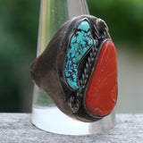 Vintage Sterling Turquoise and Coral Ring 11.75 