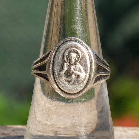 Vintage Sterling Sacred Heart Signet Ring 7.5