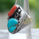 Vintage Sterling Turquoise and Coral Feather Ring 10.25