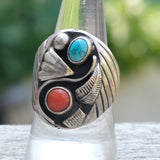 Vintage Sterling Turquoise and Coral Feather Ring 9