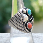 Vintage Sterling Turquoise and Coral Feather Ring 9