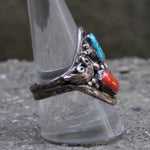 Vintage Sterling Turquoise and Coral Feather Ring 10.5