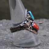 Vintage Sterling Turquoise and Coral Feather Ring 10.5