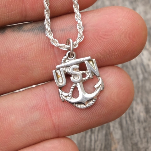 Vintage Sterling Silver USN Navy Anchor Pendant 18" Necklace