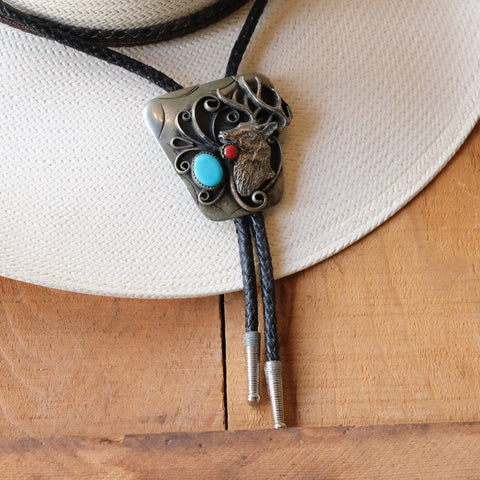 Vintage Turquoise and Coral Elk Bolo Tie