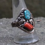 Vintage Sterling Turquoise and Coral Feather Ring 10.5