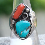 Vintage Sterling Turquoise and Coral Feather Ring 10.25