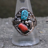 Vintage Sterling Turquoise and Coral Feather Ring 10.5