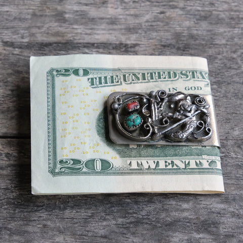 Vintage Taxco Lone Scout Turquoise and Coral Money Clip