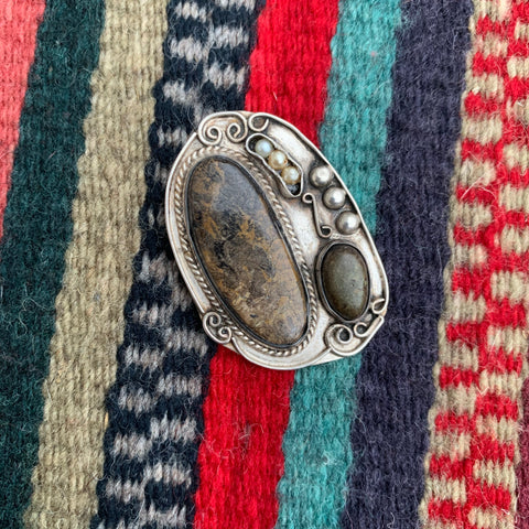 Vintage Jasper and Seed Pearl Brooch/ Pendant