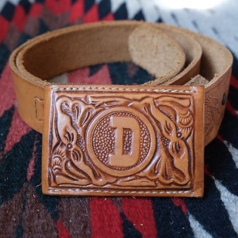 Vintage D Tooled Leather Belt Buckle