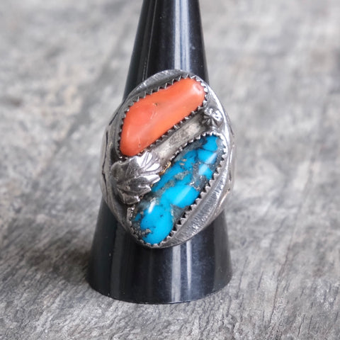 Vintage Sterling Turquoise and Coral Old Pawn Ring 9.25